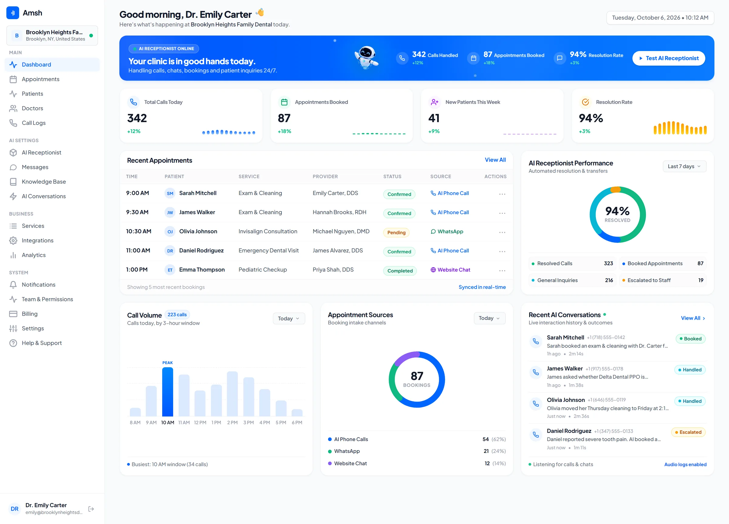 AMSh dashboard showing today's appointments and recent AI-handled calls